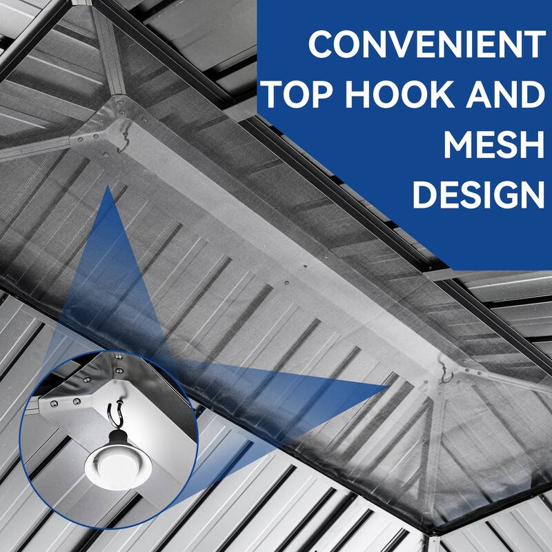 2-Tier Galvanized Aluminum Hardtop Canopy Gazebo with Netting and Curtains