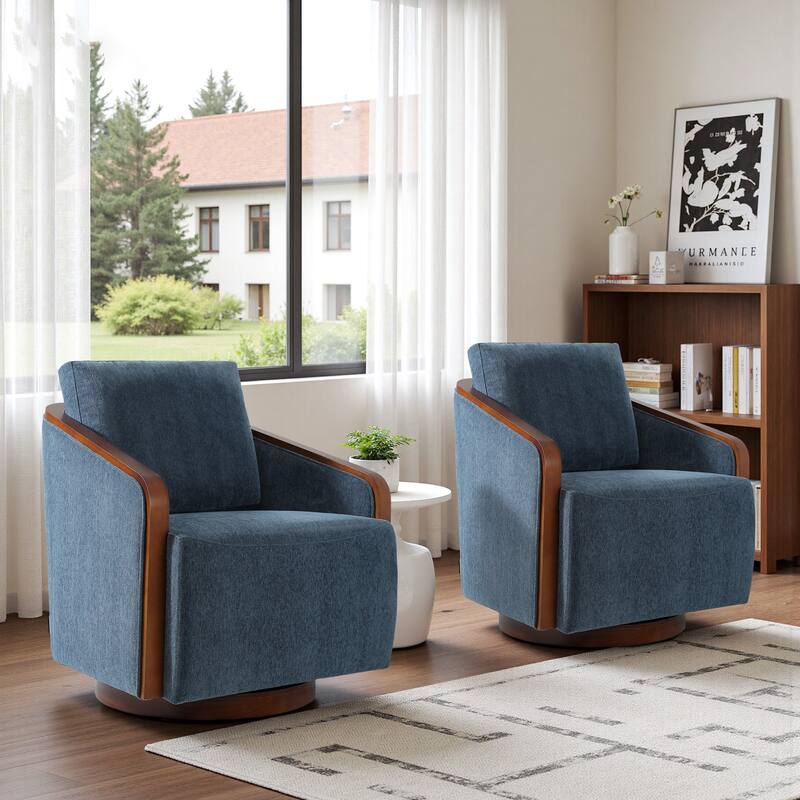 Set of 2 Modern 360° Swivel Accent Barrel Chairs with Wood Arms