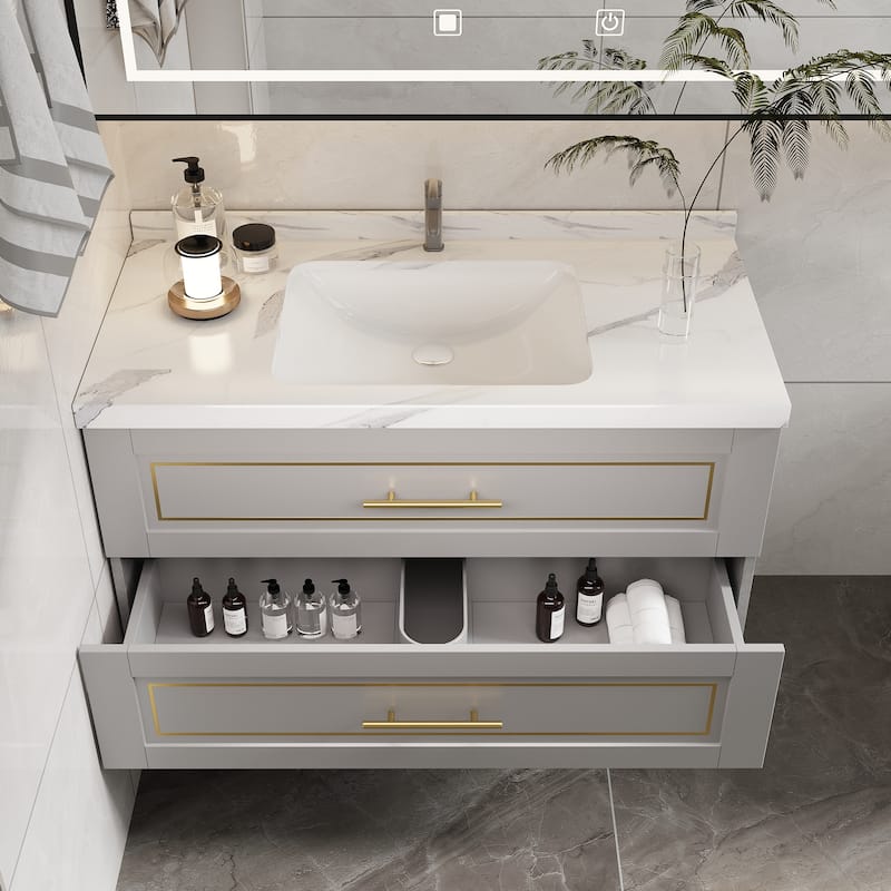 39'' Single Bathroom Vanity with Marble Top Ceramic Basin Sink