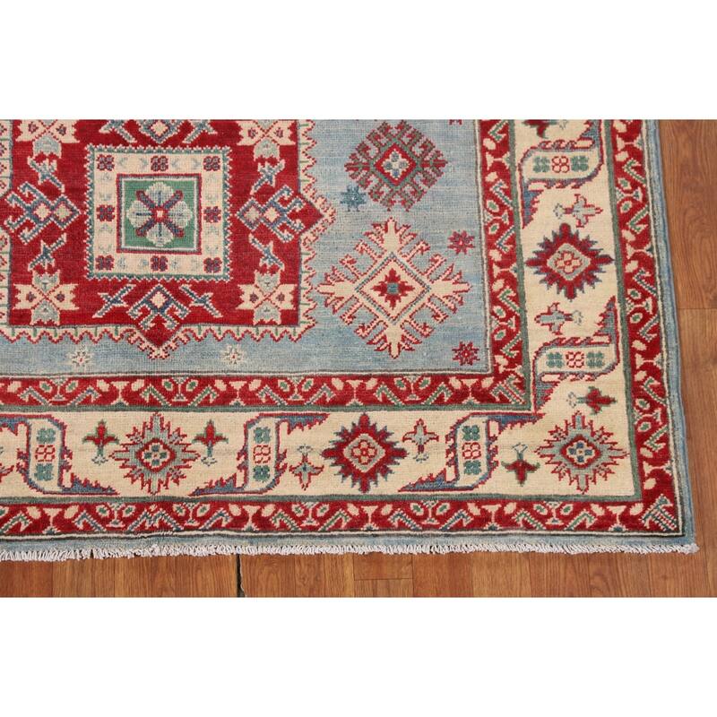 Light Blue Geometric Kazak Area Bedroom Rug Hand-Knotted Wool Carpet - 5'0" x 7'3"