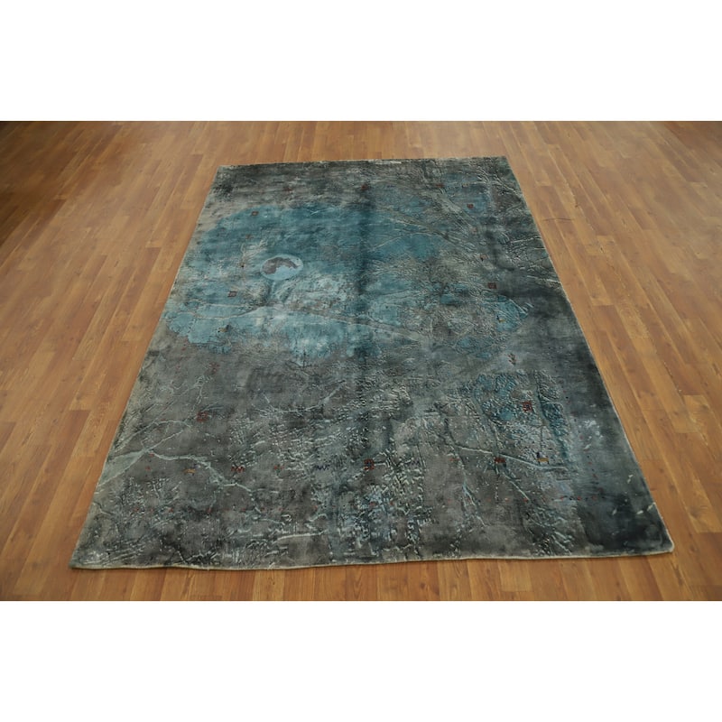 Hand Knotted Oriental Viscose Silk Carpet Modern Pictorial Greys & Charcoal Abstract Area Rug - 7' 10'' X 5' 7''