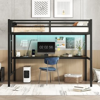 Metal Loft Bed with Power Outlet and LED Lighted