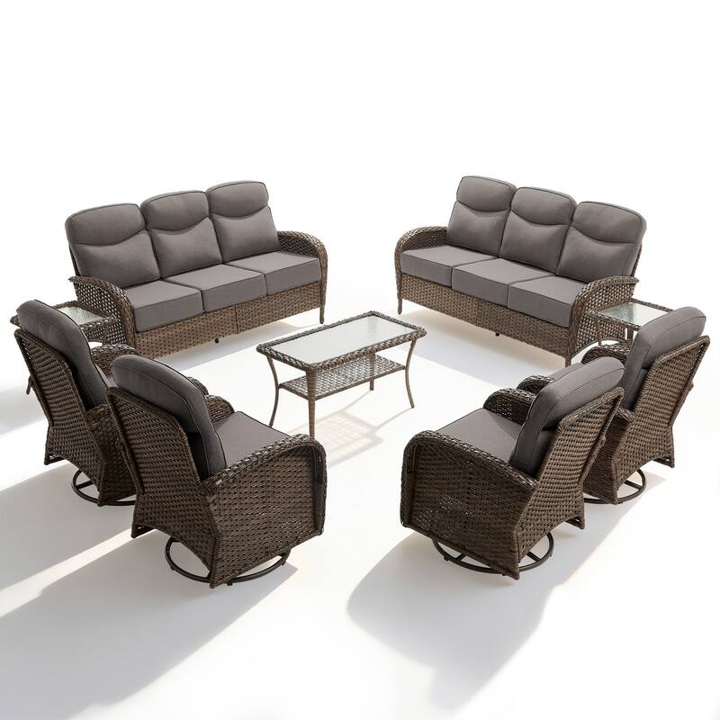 Meyreso 9-Piece Wicker Patio Conversation Set with Swivel Gliders and 6-Inch Thick Olefin Cushions