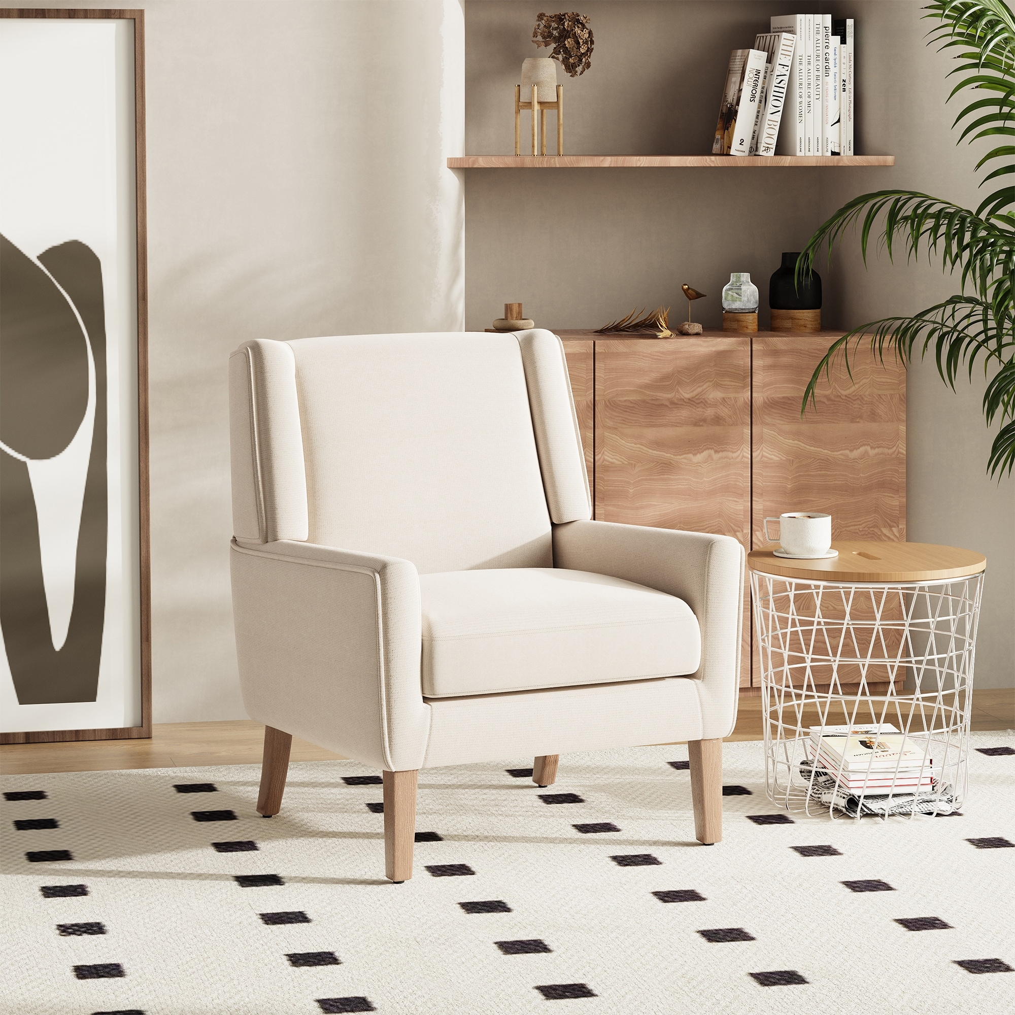 RENEWLINE Mid-Century Linen Wing Chair - Tailored Channel Tufting & Walnut Tapered Legs, Compact Accent for Reading Nooks