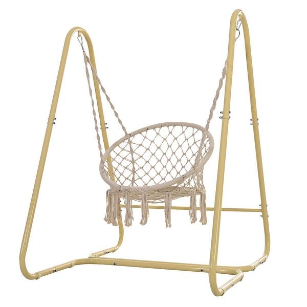 slide 2 of 7, Swing Chair Handmade Macrame Swing Hammock Chair with Stand Cream Color - Swing Set - Kids