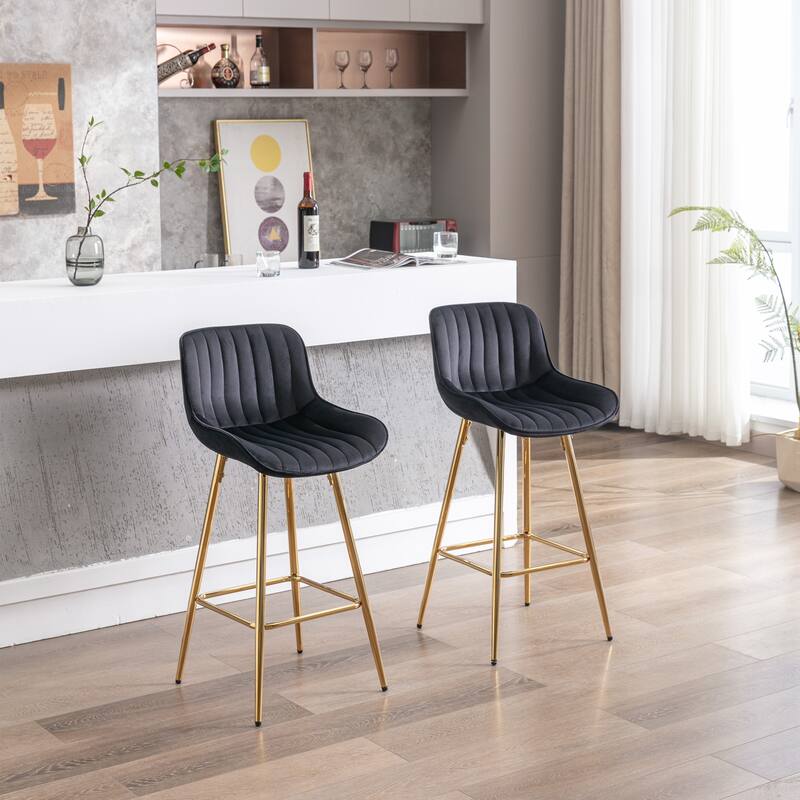 26 Inch Set of 2 Bar Stools,with Chrome Footrest Velvet Fabric Counter Stool Golden Leg Simple Bar Stool,BLACK