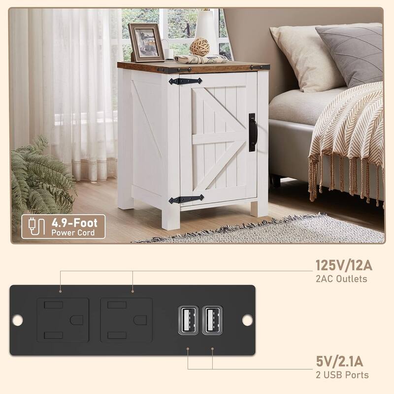 Farmhouse Nightstand with Charging Station, End Table with Barn Door