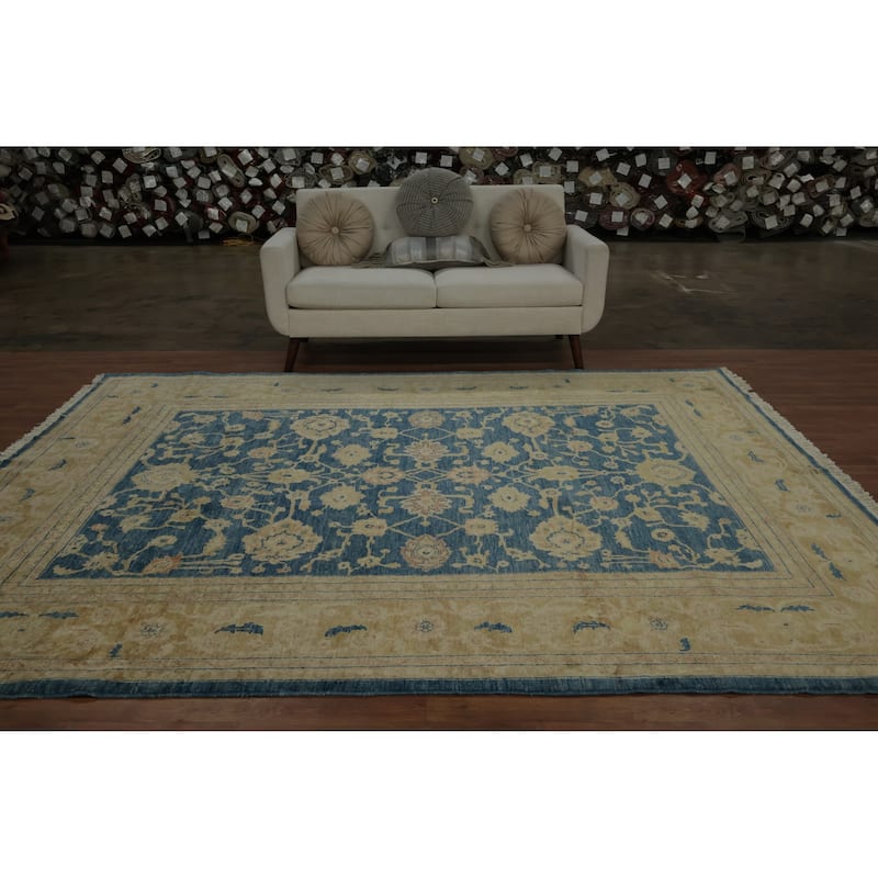 Hand Knotted Oriental 100% Wool Carpet Transitional Floral Navy Blue & Blues Oushak Area Rug - 9' 11'' X 8' 2''