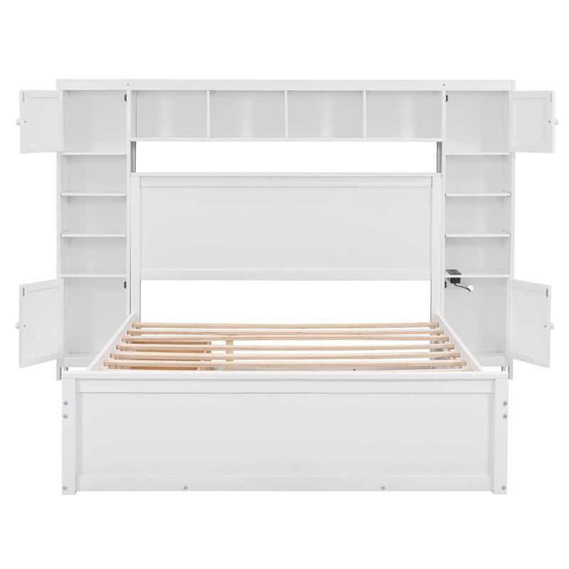 Queen Size Wooden Bed with Built-in Storage, Shelves, and Outlets, White