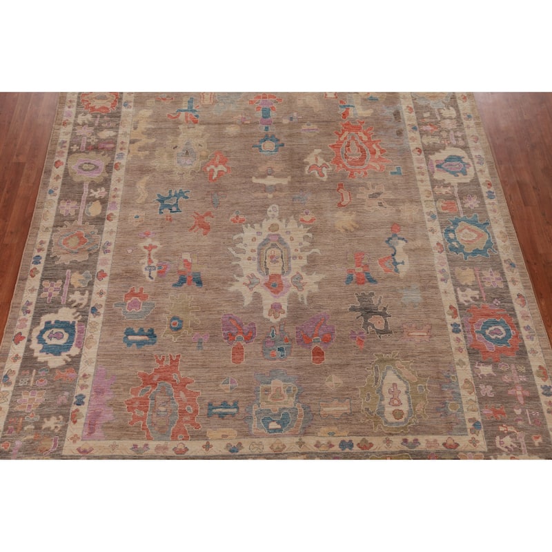 Hand Knotted Oriental 100% Wool Carpet Transitional All-Over Brown Oushak Area Rug - 12' 4'' X 9' 5''