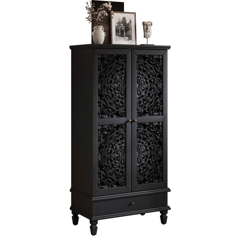 Carved Accent Cabinet Kitchen Pantry Cabinet with Doors, 55" Tall Storage Cabinet with Solid Wood Legs