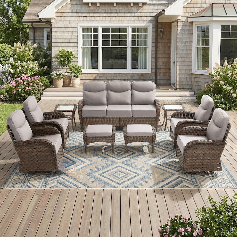 Pocassy Outdoor Sofa Swivel Chair and Ottman with Coffee Table - Brown Wicker Beige Cushion - 9-Piece Sofa Swivel Chiar with Ottoman