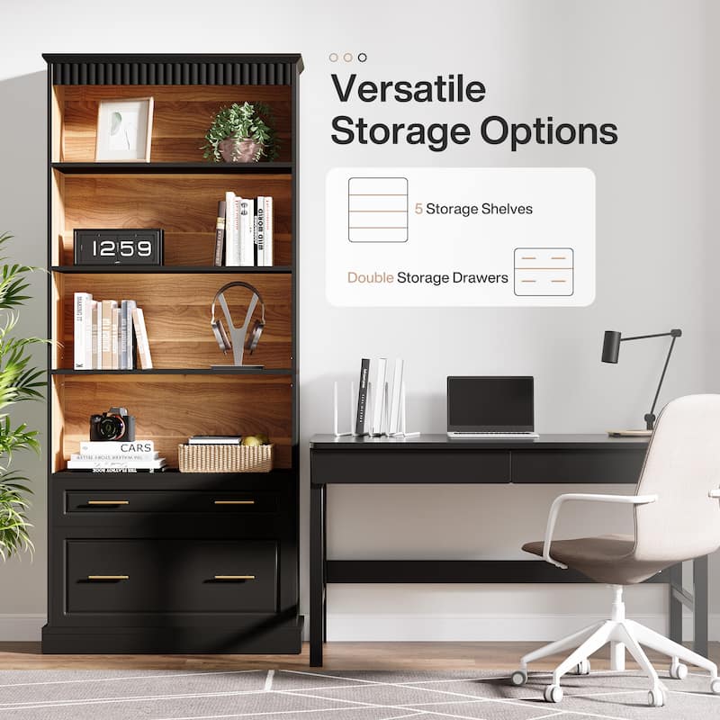 5-tier Tall Modern Wood Bookcase Bookshelf with File Cabinet Drawer