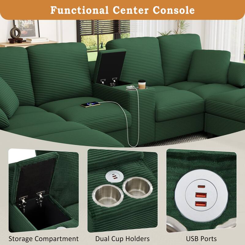U-Shaped Corduroy Sectional with Hidden Storage, Center Console & USB Ports by Harper&Bright Designs