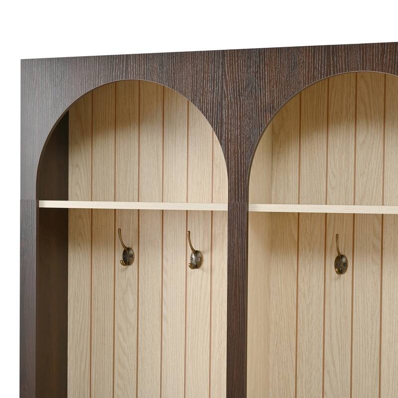 Farmhouse Hall Tree Bench with Arched Design, 8 Hooks & 3 Storage Drawers, 59" Wide Entryway Coat Rack