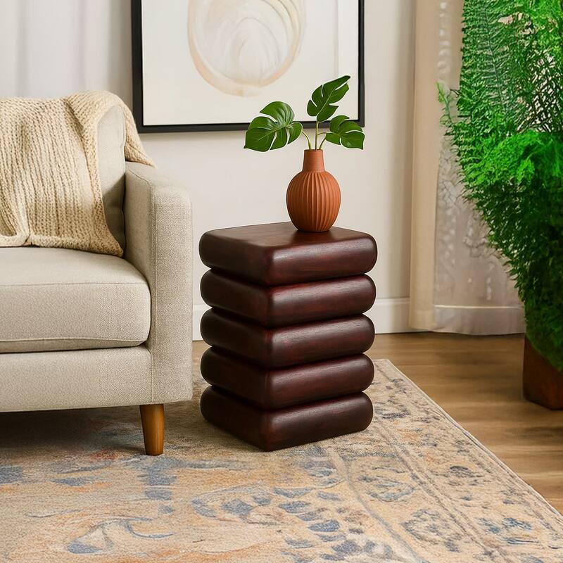 Zyra 18" Side End Table Sculptural Stacked Design Dark Cherry Brown Acacia Wood