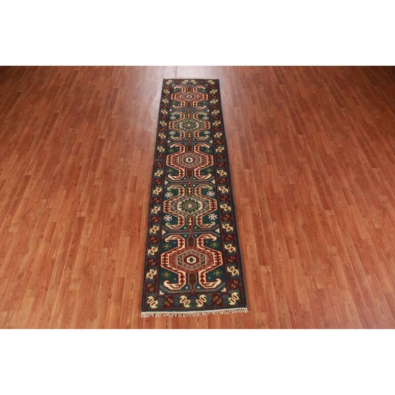 Hand Knotted Oriental 100% Wool Carpet Traditional Geometric Navy Blue & Blues Kazak Runner Rug - 9' 8'' X 2' 6''