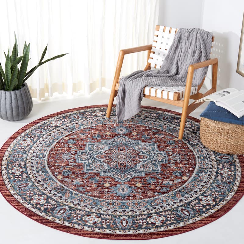 SAFAVIEH Bayside Machine Washable Korneliya Oriental Rug - 6'7" Round - Red/Blue
