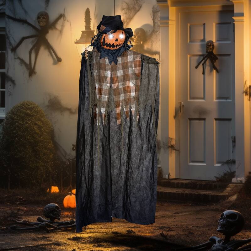 6FT Hanging Pumpkin Ghost Halloween Decor Light-Up Eyes Talking Sound Activated