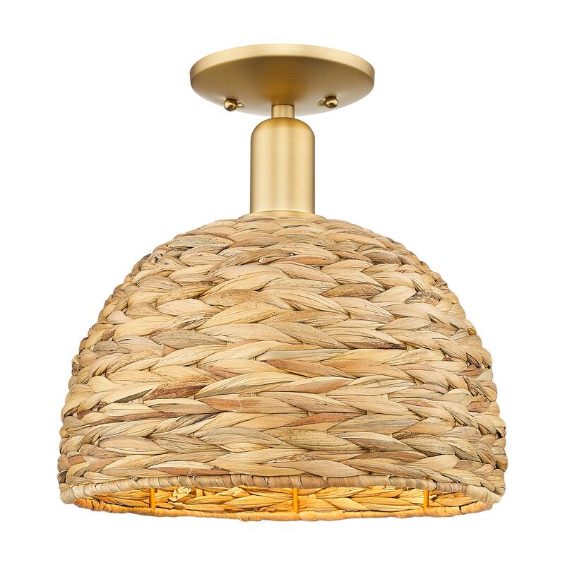 Innovations Lighting Endless Possibilities Arcadia - Woven Rattan - 1 Light 12" Semi-Flush Mount - Satin Gold/Natural