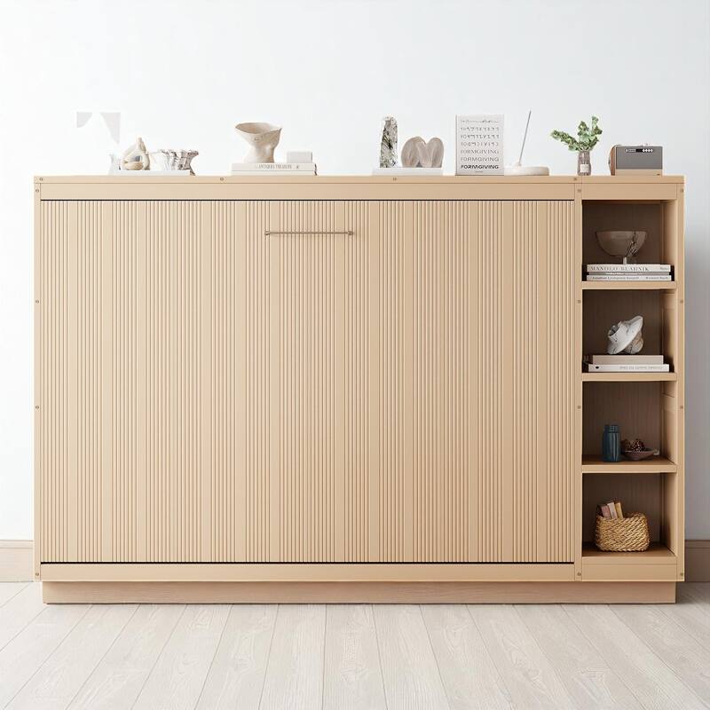 Foldable Full Murphy Bed with Side Bookshelves, Storage Rack and Slat Support, Space Saving Design - Natural - Full