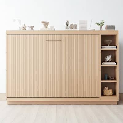 Foldable Full Murphy Bed with Side Bookshelves, Storage Rack and Slat Support, Space Saving Design