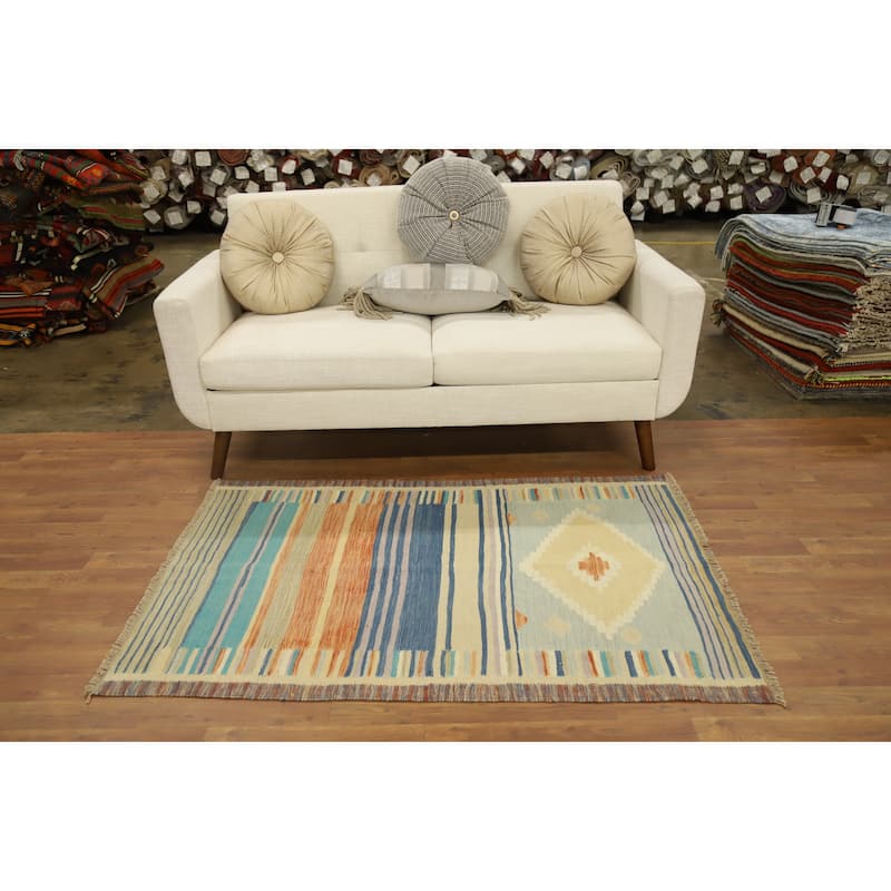 Hand Woven Oriental 100% Wool Carpet Southwestern Tribal Multi-Colored Kilim Area Rug - 4' 10'' X 3' 3''
