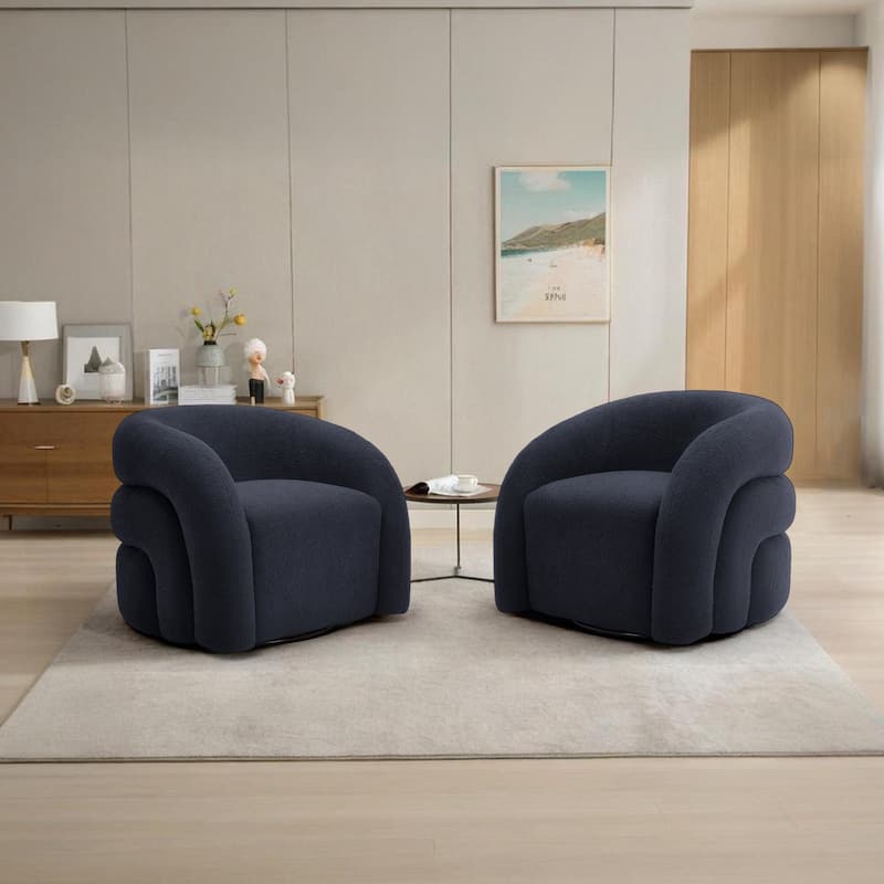 Boucle Swivel Accent Chair Round Barrel Armchair Set of 2 - Navy Blue