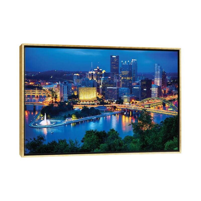 iCanvas "Pittsburgh Downtown Night Scenic View" by George Oze Framed Canvas Print - Gold - 18x26