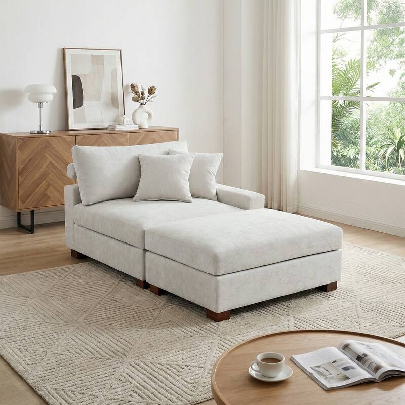 Modern Chenille Chaise Lounge Set with Ottoman