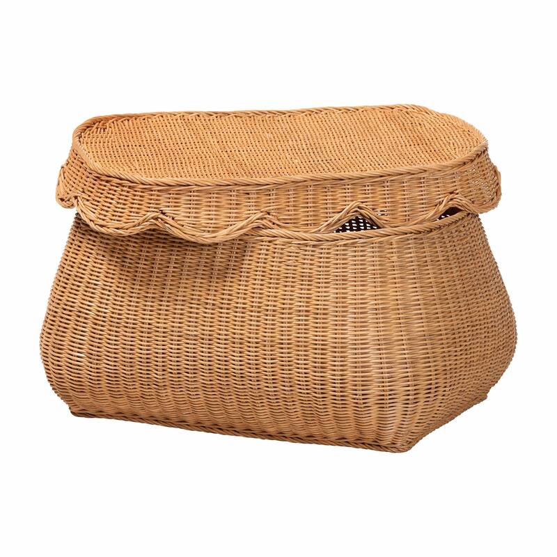 Ayleen Natural Rattan Basket with Scalloped Lid - Handwoven Wicker Storage Box, Boho Coastal Home Décor