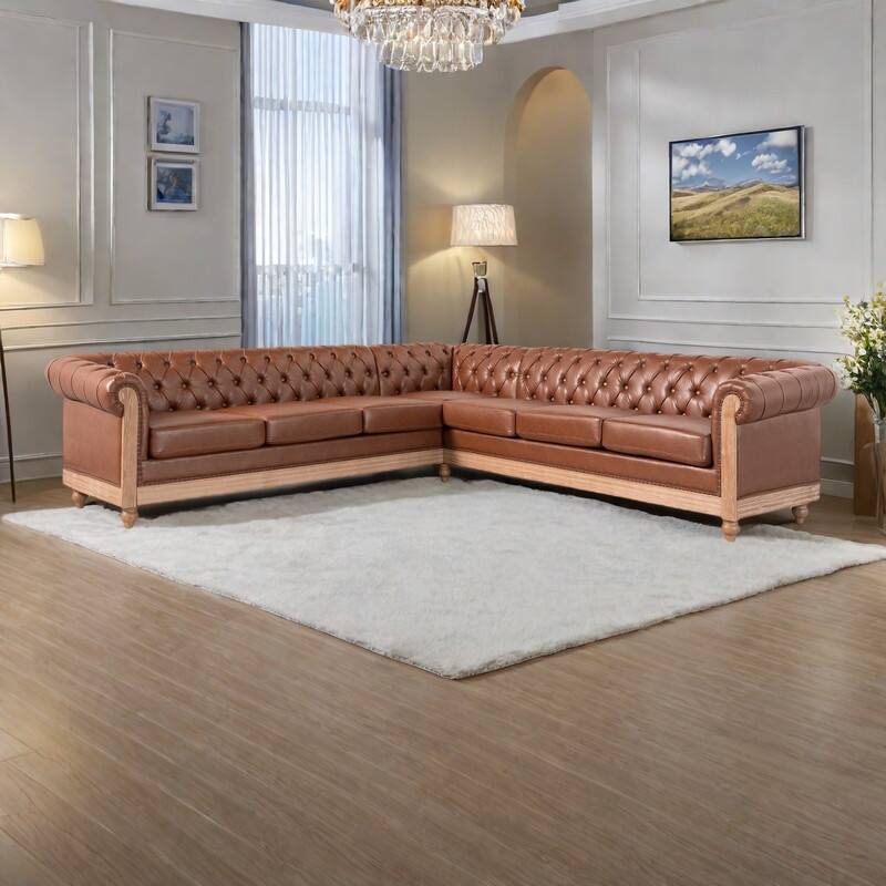 104" Retro 6-Seat Sectional Sofa with Wooden Legs and Pocket Spring Cushions - Light Brown