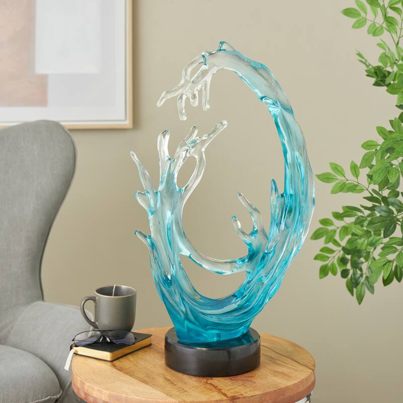 Blue Glass Ombre Coral Decorative Sculpture with Black Round Base