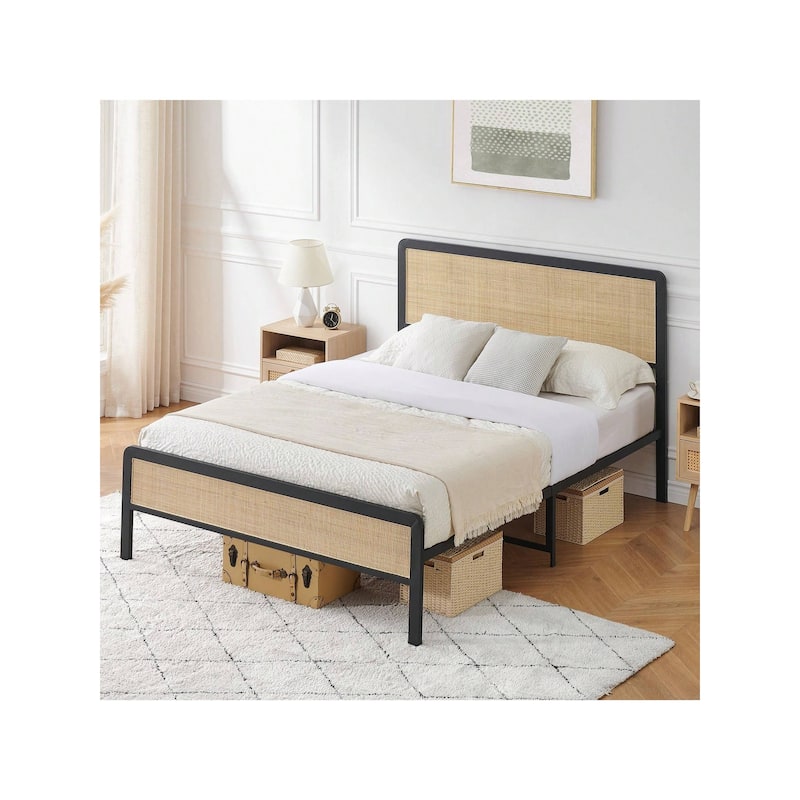 Boho Platform Bed Frame with Rattan Headboard, Heavy-Duty Metal Slat Support - Full