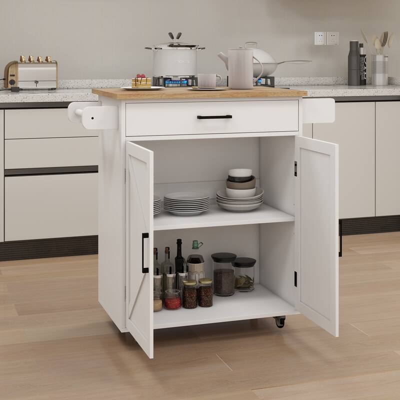 Kitchen Island on Locking Wheels, Rolling Island Table with Rubber Wood Table Top, Bar Cabinet with Adjustable Shelves & Drawer
