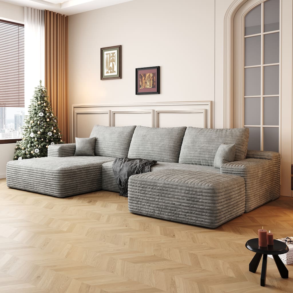 Living Room Corduroy U-shaped Chaise Sectional Sofa with Ottoman, Modern Floor Standing Deep Seat Cloud Upholstered Couch