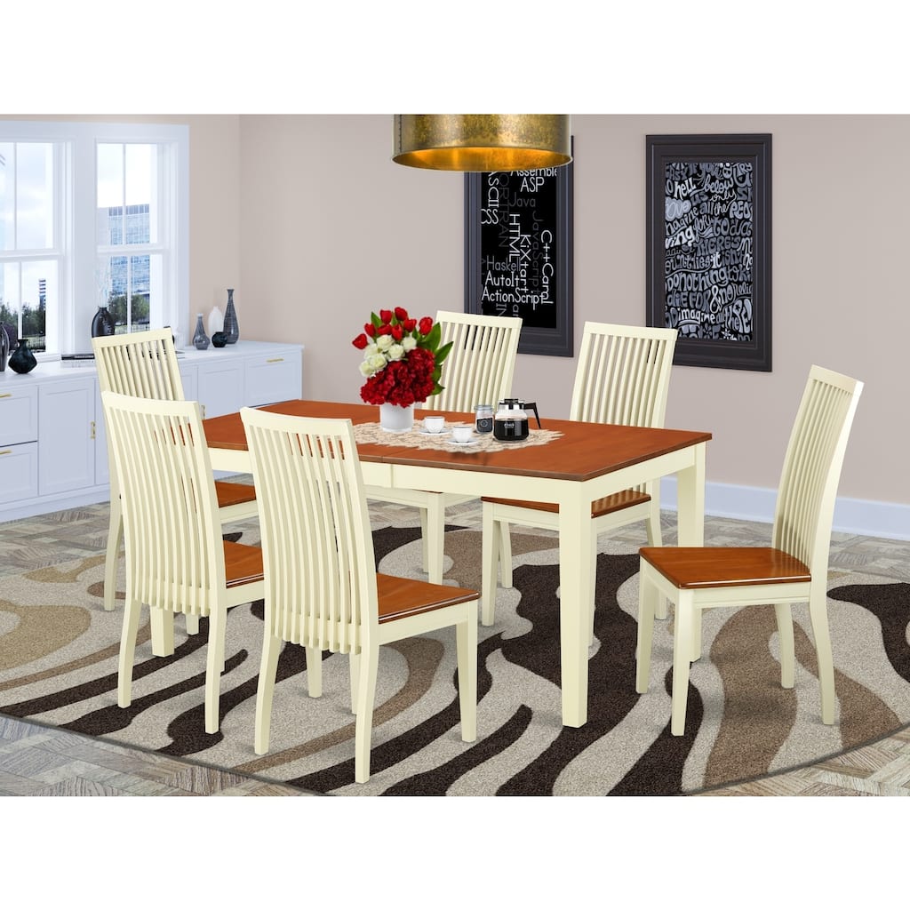 HomeStock 7-Piece Buttermilk and Cherry Finish Solid Wood Top Dining Table with 6 Chairs with Lattice Back