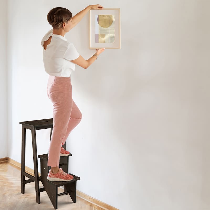 Costway 3 Tier Folding Step Stool 3-in-1 Rubber Wood Ladder Brown