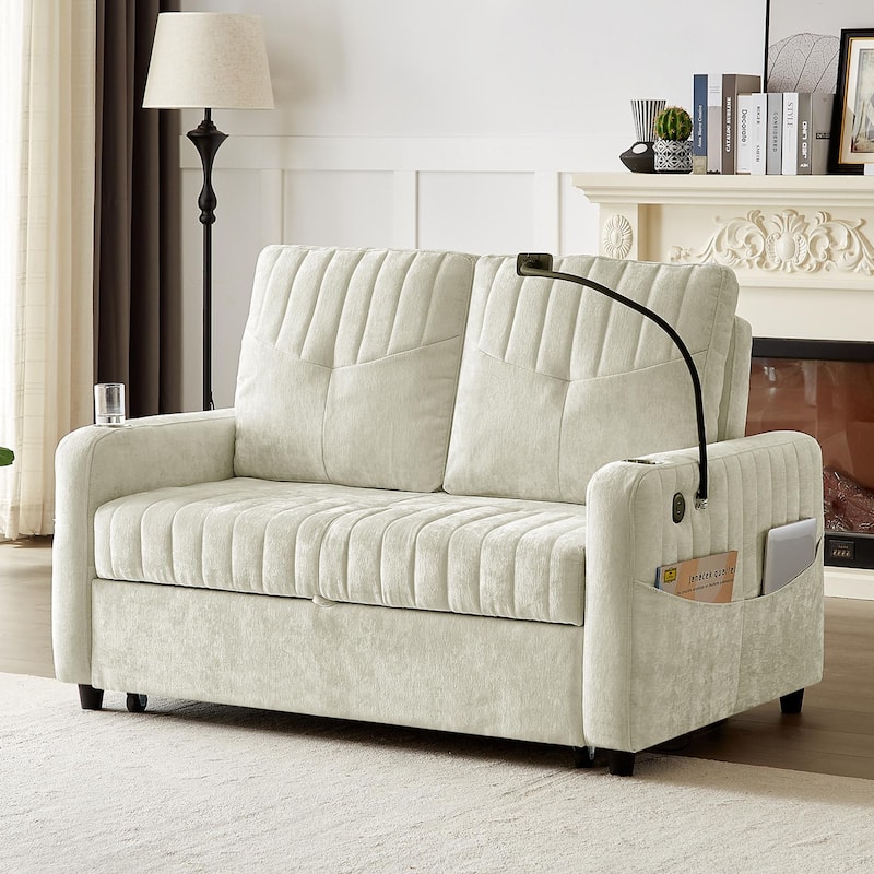 Multi-Functional Sleeper Sofa Pull-Out Loveseat with USB Charging, Sofa Bed with Adjustable Backrest and Storage Pockets
