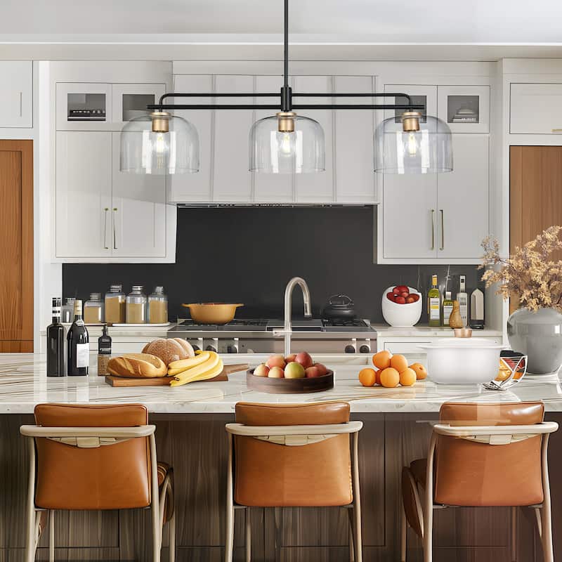 Modern Black 43" Oversized 3-Light Chandelier with Bowl-Shape Shade Kitchen Island for Dining Room - 43.3 " × 10.2 " × 11 "