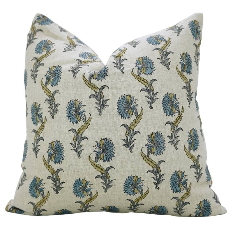 Fabdivine Blue Floral 14x36 Inch Handmade Block Print Pillow Cover Rectangle Soft Pure Linen Home or Room Décor, Daffodil