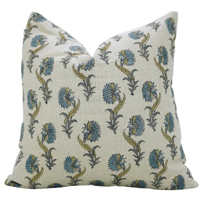 Fabdivine Blue Floral 16x16 Inch Handmade Block Print Pillow Cover Square Soft Pure Linen Home or Room Décor, Daffodil