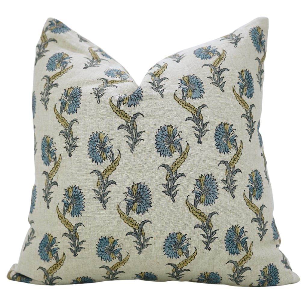 Fabdivine Blue Floral 26x26 Inch Handmade Block Print Pillow Cover Square Soft Pure Linen Home or Room Décor, Daffodil