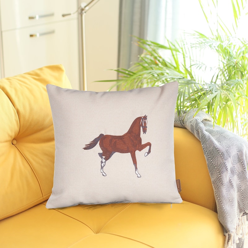 HomeRoots 18" X 18" Beige Horse Animal Print Zippered Handmade Polyester Throw Pillow With Embroidery
