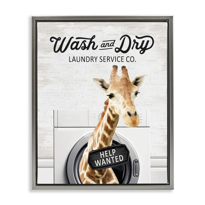 Stupell Wash & Dry Laundry Giraffe Framed Floater Canvas Wall Art Design By Lettered and Lined - 25 x 31 - Grey