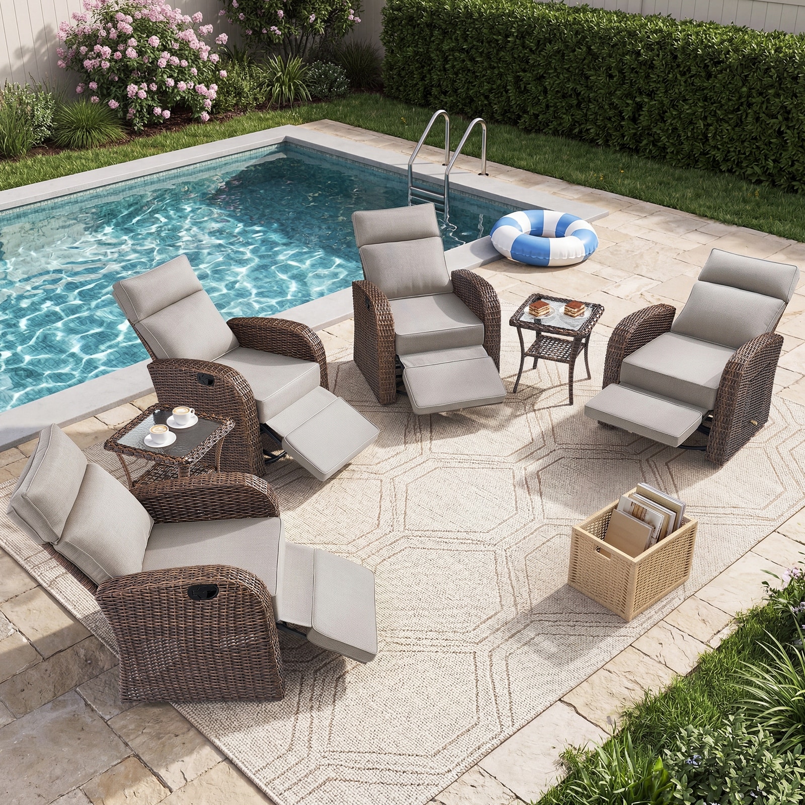 Pocassy Outdoor 5-In Recliner Chair with Flip-up Table with Adjustable Backrest