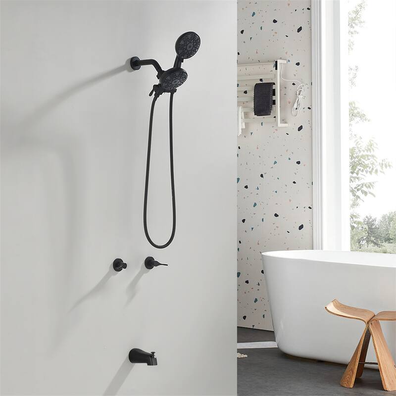 Wall Mount Dual Head Shower Faucet with Tub Spout Brass Complete Shower System with Handheld Shower Valve Included