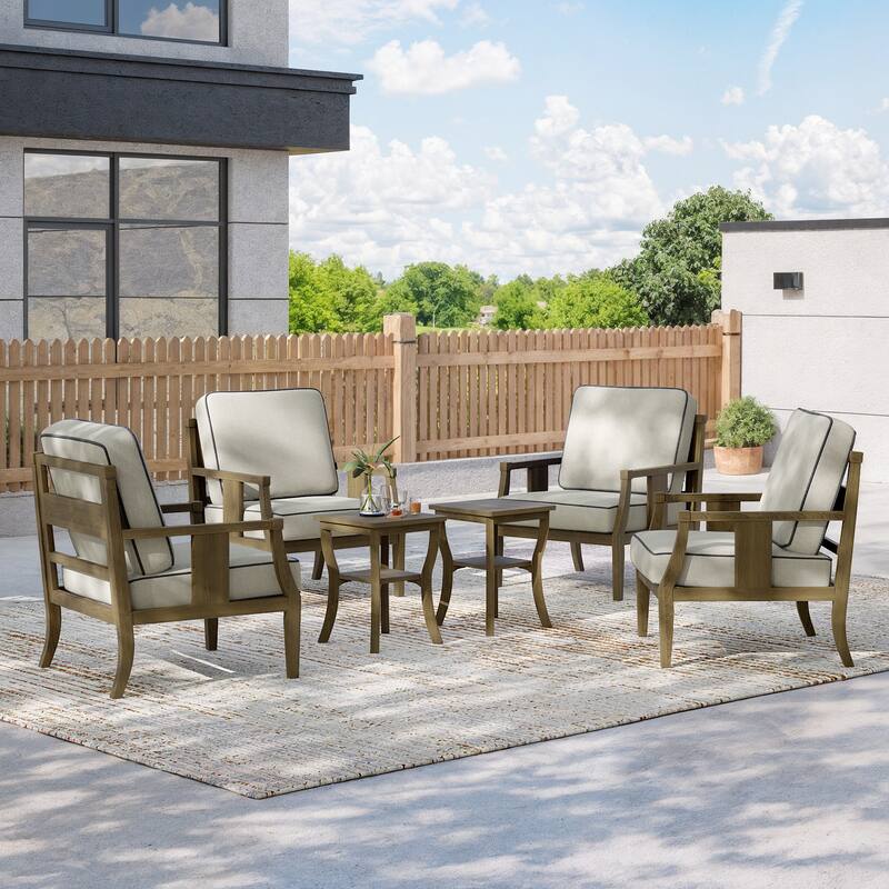 6-piece Outdoor Teak Seating Set Club Chairs with Cushions - Naturalframe-Light Camel - Natural Frame