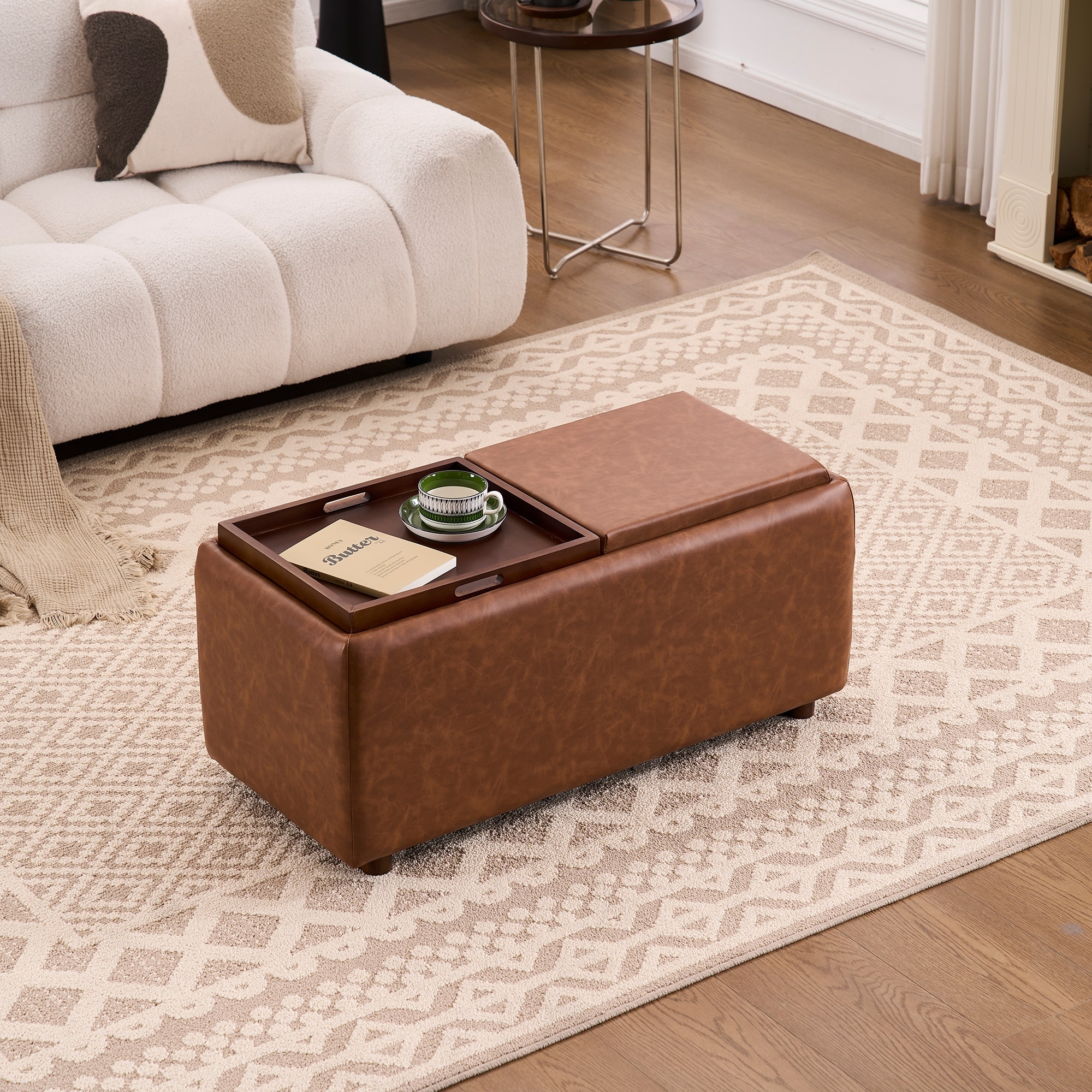 35" rectangle Storage Ottoman with Tray, Storage Coffee Table, Upholstered Large Foot Stool with Removable Top for Living Room