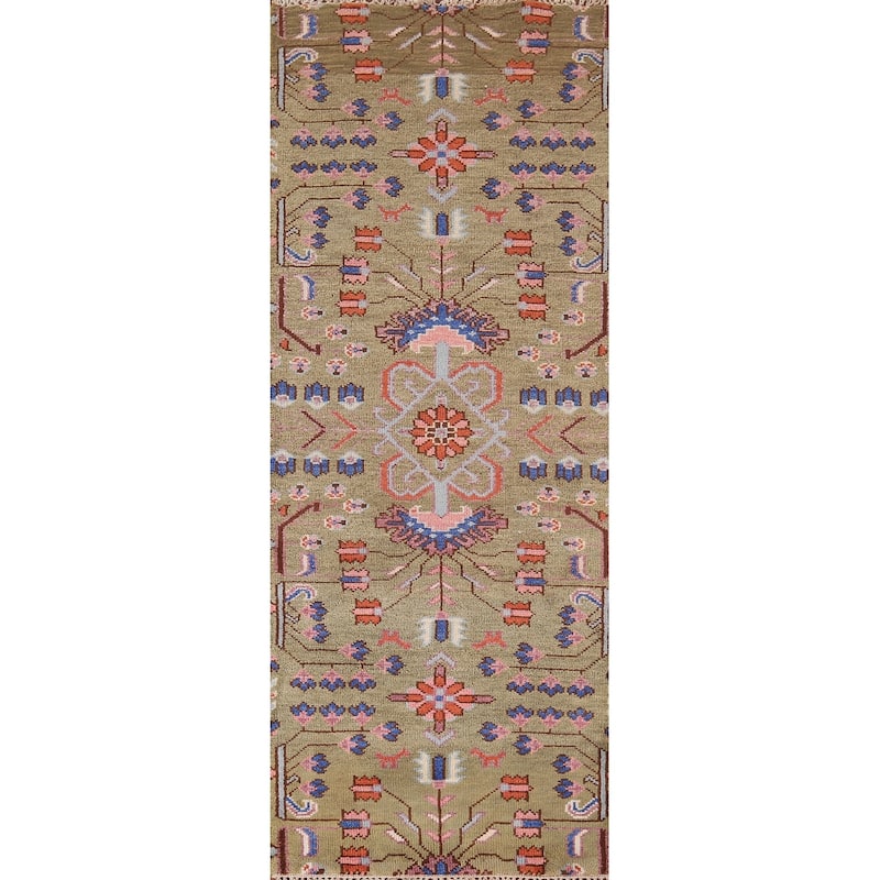 All-Over Green Kazak Oriental Runner Rug Hand-Knotted Wool Carpet - 2'7"x 7'11"